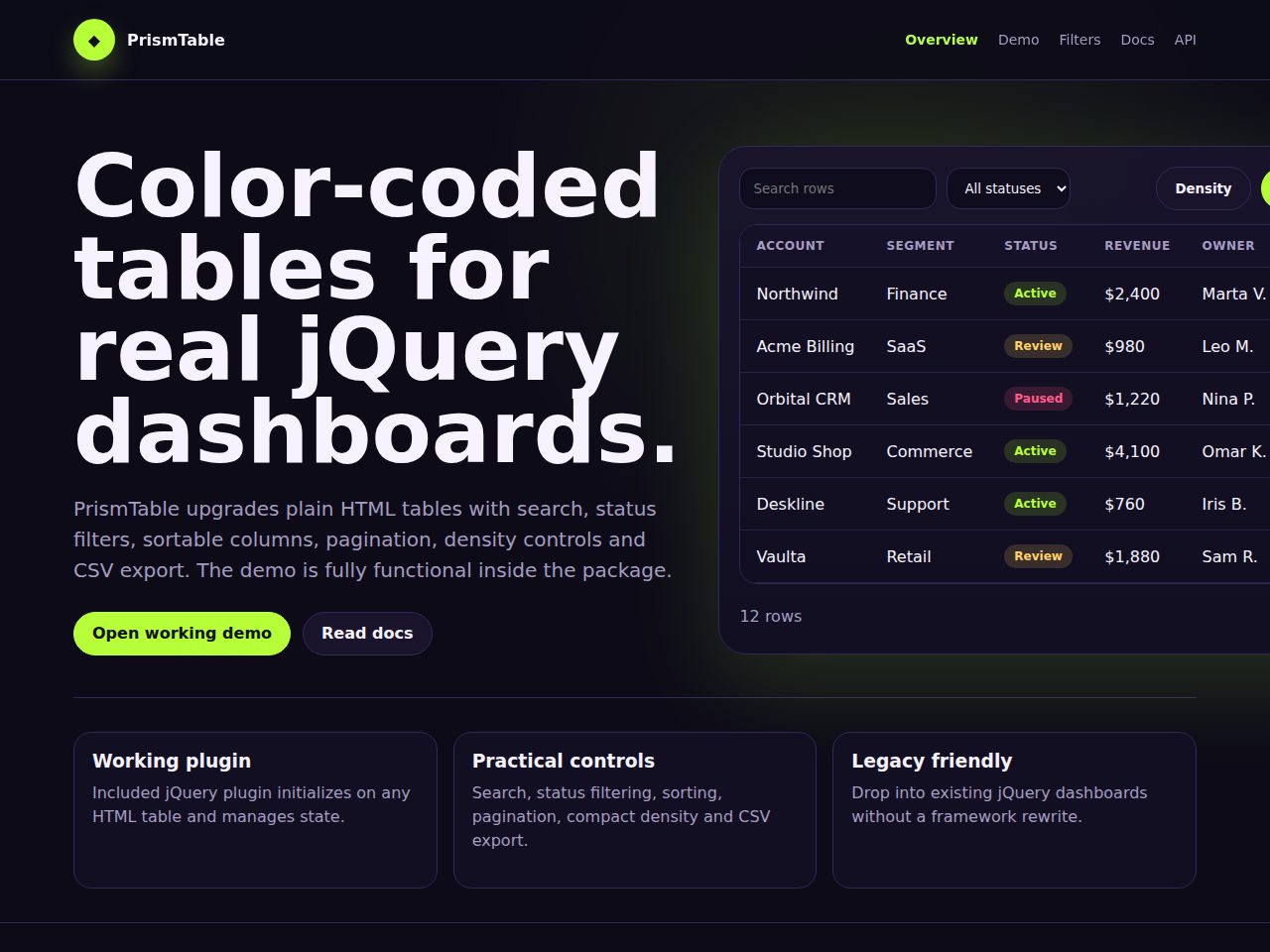 PrismTable — jQuery Data Grid Plugin