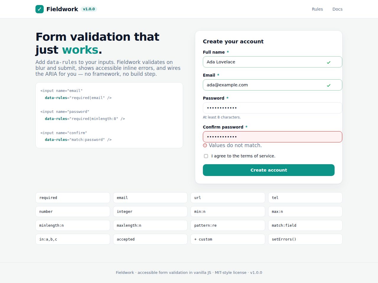 Fieldwork — Form Validation & Enhancement (Vanilla JS) screenshot 1