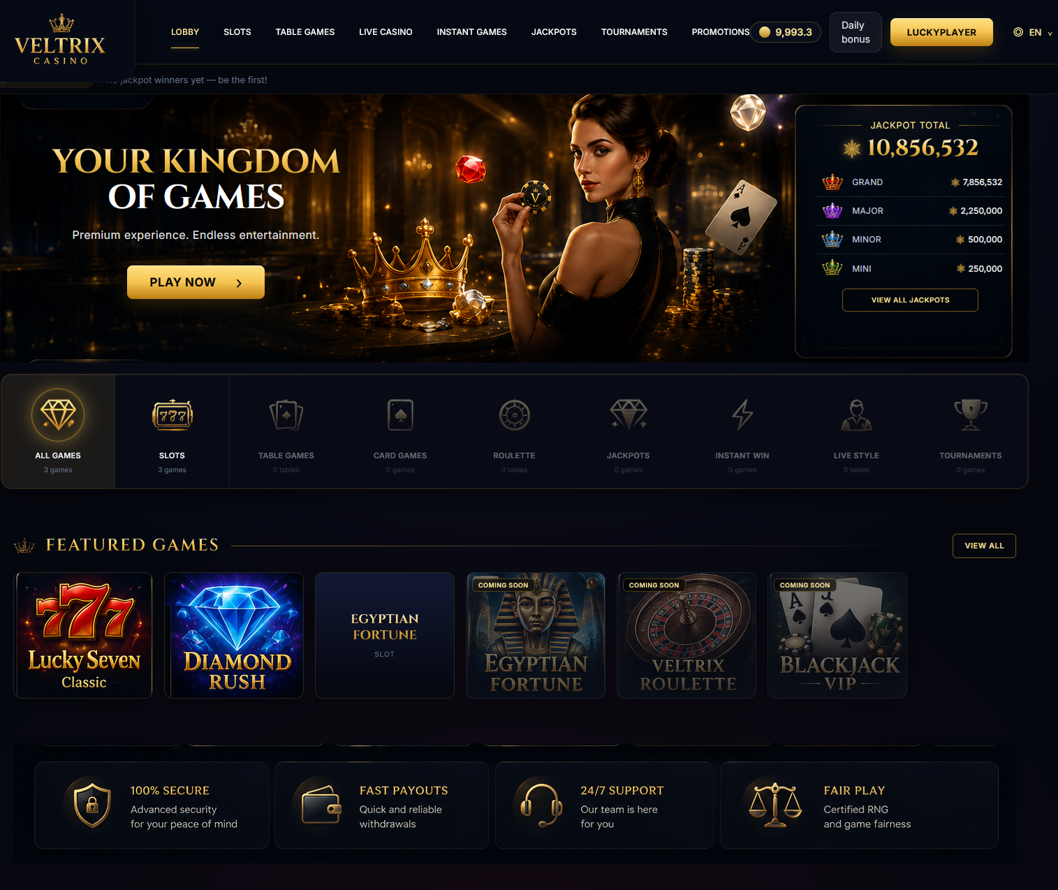 Veltrix Casino – Full-Stack Social Casino Platform with 2 Slot Games